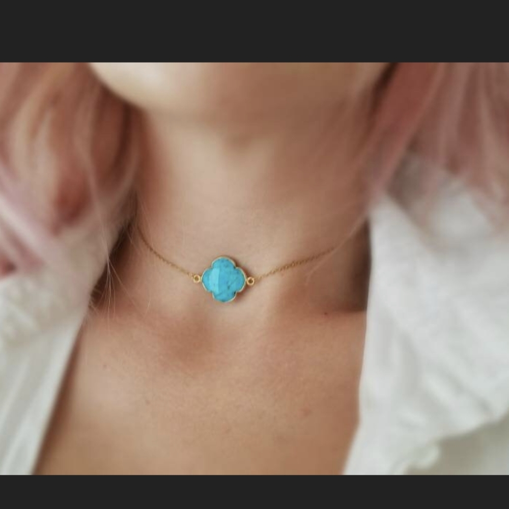 Boho Clover Turquoise Vermeil Choker Handmade